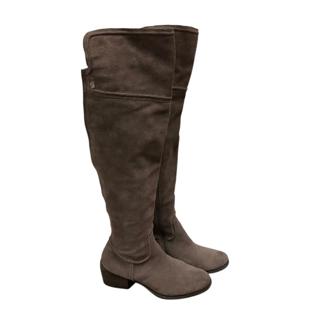 Vince Camuto Over the Knee Boots Womens 8M Taupe Suede Low Heel OTK Zipper
